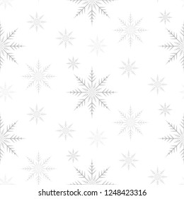 snowflakes pattern, Christmas white background, winter seamless decor vector illustration