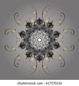 Snowflakes pattern in colors. Vector christmas abstract gray background with golden elements.