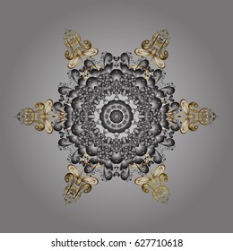 Snowflakes pattern in colors. Vector christmas abstract gray background with golden elements.