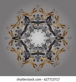Snowflakes pattern in colors. Vector christmas abstract gray background with golden elements.
