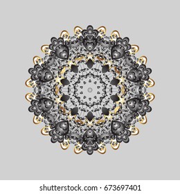 Snowflakes pattern in colors. Vector christmas abstract black background with falling golden snowflakes.