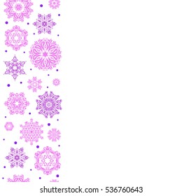 Snowflakes pattern with copy space (place for your text). Snowflake seamless pattern. Vertical flat design of violet and pink snowflakes isolated on white background. Vector snowflakes background.