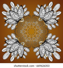 Snowflakes pattern. Flat design with abstract snowflakes isolated on brown background. Golden snowflake. Vector snowflakes background.