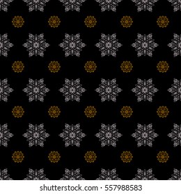 Snowflakes pattern. Flat design of gray and brown snowflakes isolated on black background. Vector snowflakes background. Snowflake seamless pattern.
