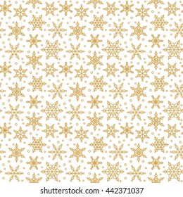 Snowflakes pattern. Golden christmas ornament for greeting celebrations. Vector geometric seamless wallpaper.