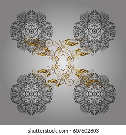 Snowflakes pattern in gray colors. Vector christmas abstract white background with golden elements.