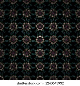 Snowflakes pattern in pink, blue and green colors. Vector christmas abstract black background with falling snowflakes.