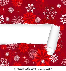 Snowflakes pattern with ripped torn paper stripe. Vector illustration.