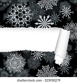 Snowflakes pattern with ripped torn paper stripe. Vector illustration.