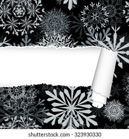 Snowflakes pattern with ripped torn paper stripe. Vector illustration.