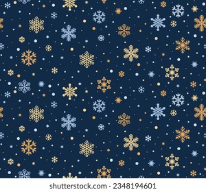 Snowflakes pattern. Seamless Christmas gold blue snowflakes background. Vector snowflake pattern.