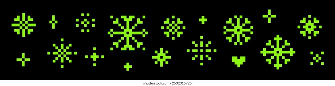 Schneeflocken-Muster. Satz von y2k-Pixel-Symbolen. Abstrakte Spielelemente. Grün. Weihnachtsmuster. Stimmung der 90er. 8 Bit bearbeitbare Vektorgrafik im Pixel-Art-Stil. Weihnachten. Einfache geometrische Form