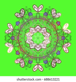 Snowflakes pattern. Snowflake ornamental pattern. Vector illustration. Flat design with abstract snowflakes isolated on colored background. Snowflakes background.