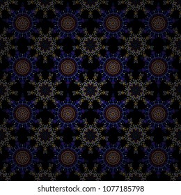 Snowflakes pattern. Snowflake seamless pattern. Flat design of gray and blue snowflakes isolated on black background. Vector snowflakes background.