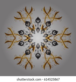 Snowflakes pattern. Vector snowflakes background. Doodles winter pattern. Flat design of golden snowflakes isolated on gray background.