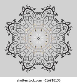 Snowflakes pattern. Vector snowflakes background. Doodles winter pattern. Flat design of golden snowflakes isolated on gray background.