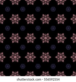 Snowflakes pattern. Vector snowflakes background. Snowflake seamless pattern. Flat design of violet and pink snowflakes isolated on black background.
