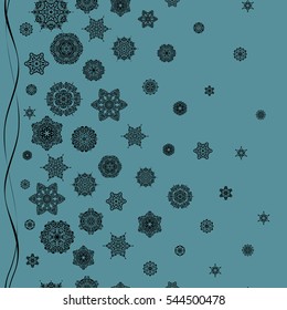 Snowflakes pattern. Vector christmas abstract design on blue background with falling snowflakes.