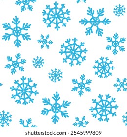 Padrão de flocos de neve. Vetor fundo sem emenda com flocos de neve bonitos. Ilustração de repetição de queda de neve. Ornamento de inverno azul e branco.