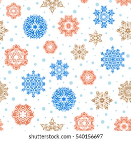 Snowflakes pattern. Vector seamless pattern with snowflakes on white background.