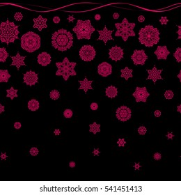 Snowflakes pattern. Vector seamless pattern with snowflakes on black background.