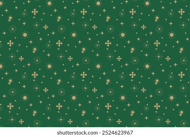 Patrón de copos de nieve, invierno, copo de nieve dorado sobre fondo verde, Vector, ilustración, impresión para tarjetas de felicitación, cartas