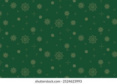 Snowflakes pattern, winter, golden snowflake on green background, vector, illustration, print for greeting cards, letters