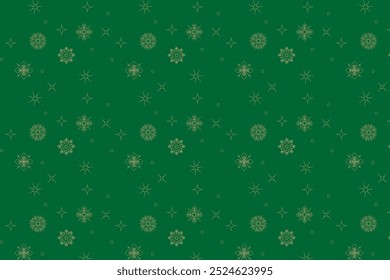 Snowflakes pattern, winter, golden snowflake on green background, vector, illustration, print for greeting cards, letters