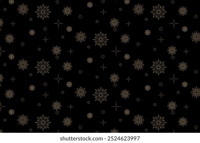 Snowflakes pattern, winter, golden snowflake on black background, vector, illustration, print for greeting cards, letters