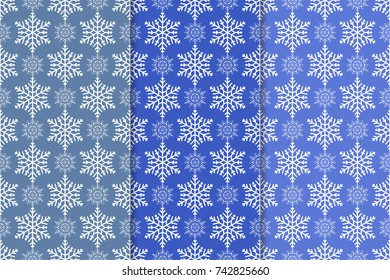 Snowflakes patterns. Set of blue seamless backgrounds with christmas elements for wallpapers and textile. Vector illustration