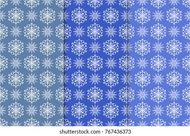 Snowflakes patterns. Set of blue seamless backgrounds with christmas elements for wallpapers and textile. Vector illustration