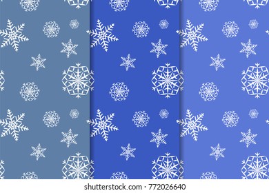 Snowflakes patterns. Set of blue seamless backgrounds with christmas elements for wallpapers and textile. Vector illustration
