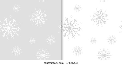 Snowflakes patterns. Set of gray seamless background with christmas elements for wallpapers and textile. Vector illustration