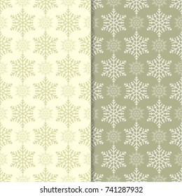 Snowflakes patterns. Set of olive green and beige seamless backgrounds with christmas elements for wallpapers and textile. Vector illustration