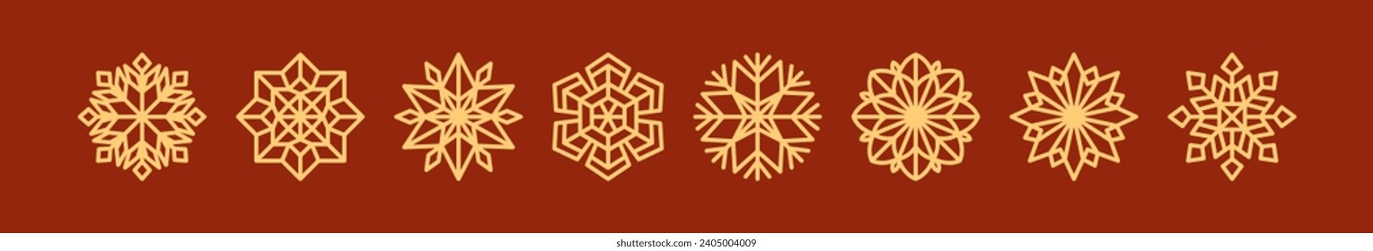 Schneeflocken-Muster gesetzt. Winterschneeflocken, Weihnachtssterne, geometrische Ornamente. Wintersaison-Dekor, Feriendekoration. Design-Elemente von Weihnachten und Neujahr. Einzelne flache Vektorgrafiken