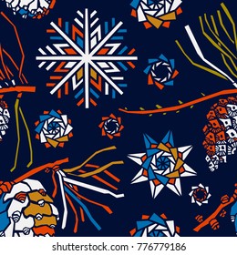 Snowflakes and pine cones, pattern design.