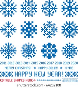 Snowflakes in pixel style (Vector). Christmas and New Year greetings 2011-2020