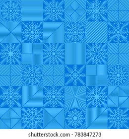 Snowflakes placed in a chess, checkerboard order.
Seamless pattern. Vector illustration. Winter New Year, Christmas blue background.