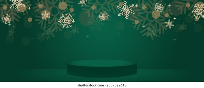 Snowflakes and podium or stage on dark green gradient studio background in Christmas style, Room with golden snow falling backdrop with beautiful bokeh for New Year or winter promotion products.