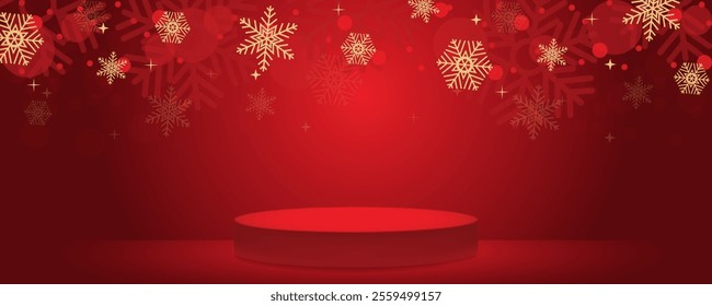 Snowflakes and podium or stage on red Christmas studio background, room with gradient dark tone backdrop, golden snow falling with beautiful bokeh for new year or winter promotion products.