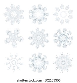 Snowflakes polygonal mosaic template collection in low poly style. Abstract kaleidoscope vector illustration background