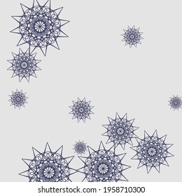 Snowflakes Purple Mystery Night Winter Composition. Cold New Year Luxury Dark Christmas Sky Wallpaper. Grey Silver White Stars Chaotic Ornament. Print Sharp Metalic Violet Mandala Background.
