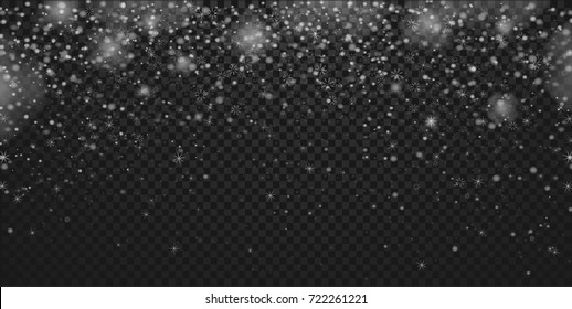 Snowflakes, realistic christmas snow, happy new year background, falling snow flake, white dust, blizzard, xmas vector illustration, overlay winter texture, lights...