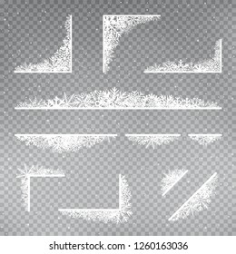 Snowflakes rectangular frame corner template set on gray transparent background. Christmas holiday ice ornament banner