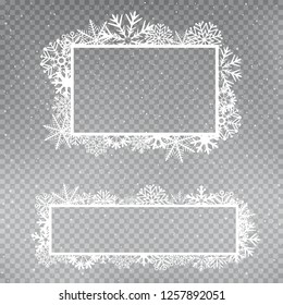 Snowflakes rectangular frame template set on gray transparent background. Christmas holiday ice ornament banner