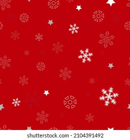 Snowflakes with red background. Seamless fabric design pattern. Happy new year, winter, children textile design pattern
