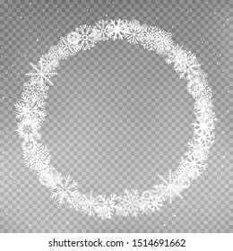 Snowflakes round frame template on gray transparent background. Winter snow circle. Christmas holiday vector illustration