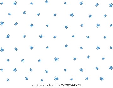 Snowflakes are scattered across a white background in a simple style. The pattern consists of evenly spaced star-like shapes. Cartoon vector illustration.