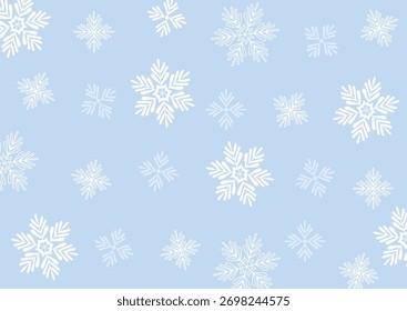 Snowflakes are scattered on a blue background in a seamless pattern. The design features intricate snow crystals in a repeating layout. Cartoon vector illustration.