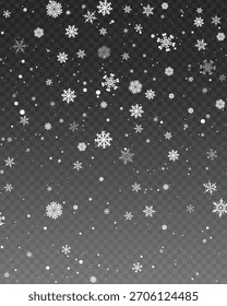 Snowflakes scattered on a transparent background for seasonal and holiday design concept